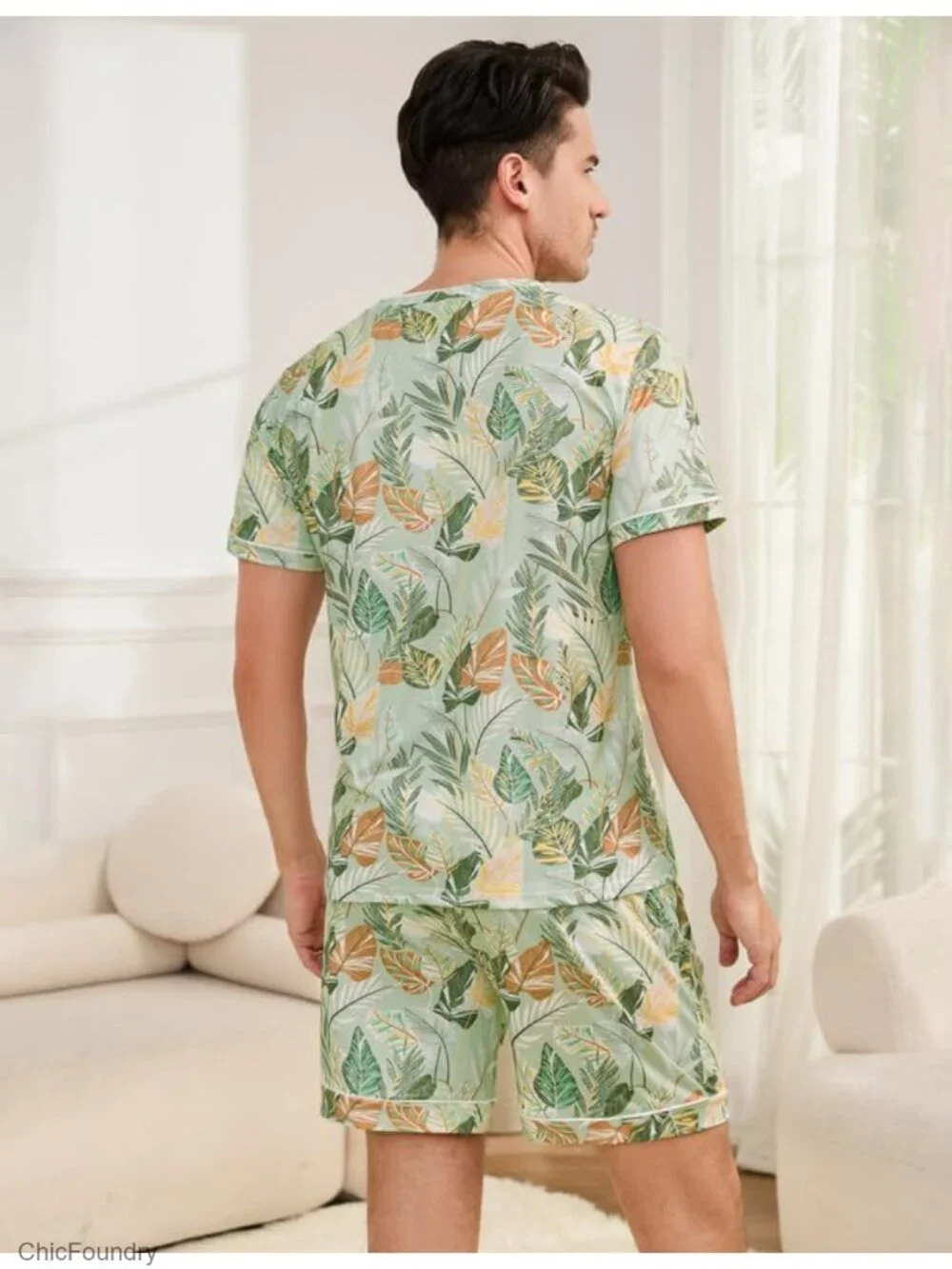 Men's Short Sleeve Pajama Set with Pockets V-Neck Sleepwear Lightweight S-2XL